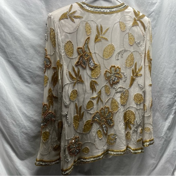 Vintage Rina Z beaded sequin silk jacket sz L Cream Silver Gold Floral -RARE- - Picture 12 of 14